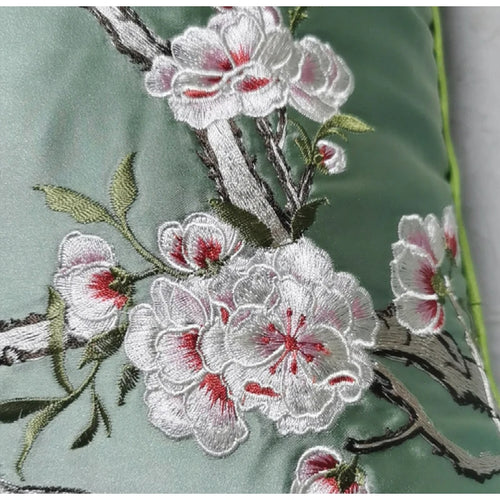 Cherry Blossom & Bird Embroidered Satin Throw Pillow Cushion Covers - The Finishing Touch Decor, LLC