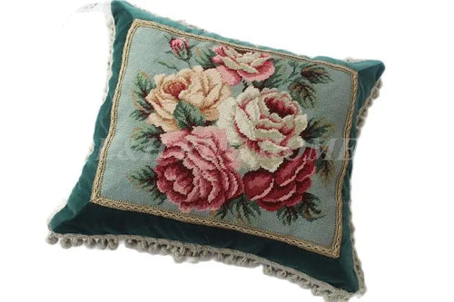 FREE SHIPPING 15K 20"x24" Needlepoint pillow, handknotted cushion with floral designs no insertion