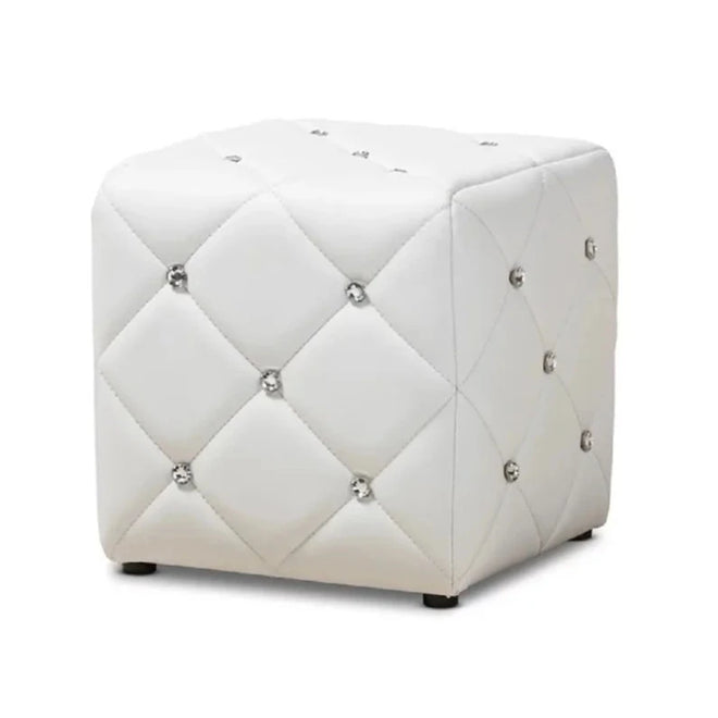 Crystal Button Tufted White Faux Leather Small Ottoman - The Finishing Touch Decor, LLC