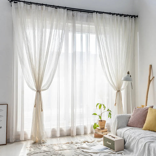 Flowing Sheer White Cotton Linen Striped Curtains - The Finishing Touch Decor, LLC