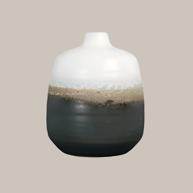 Ombré Reactive Glaze Ceramic Vase Black White Brown 6.3x7.5 Eclectic Bohemian Decor Piece