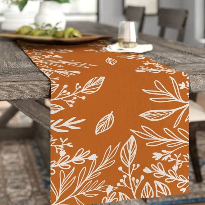 Fall Decor Orange Dining Table Table Runner Stylish Fall Thanksgiving Holiday Farmhouse Interior Retro Themed Party Dinner