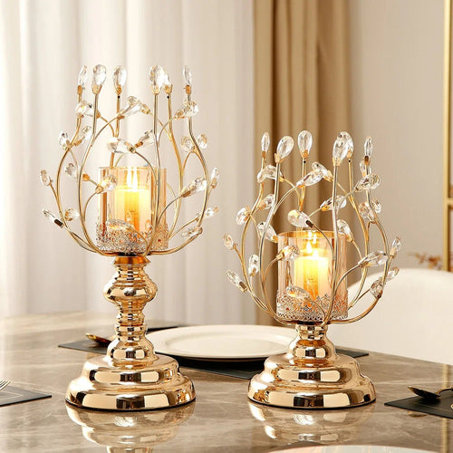 New-Classical Crystal Glass Shiny Metal Tall Tea Pillar Candle Holders - The Finishing Touch Decor, LLC