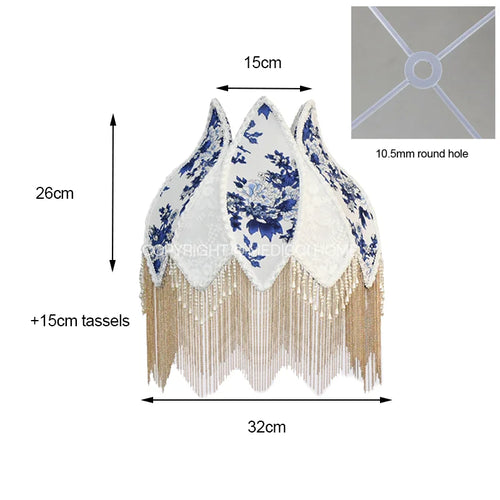 French Blue Floral Silk and Velvet Lampshade with Pearl Tassel - The Finishing Touch Decor, LLC