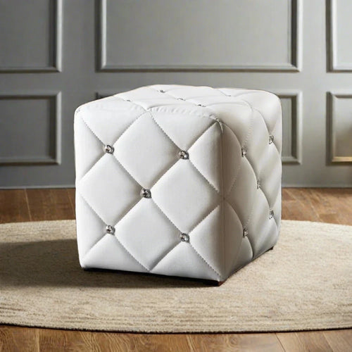 Crystal Button Tufted White Faux Leather Small Ottoman - The Finishing Touch Decor, LLC