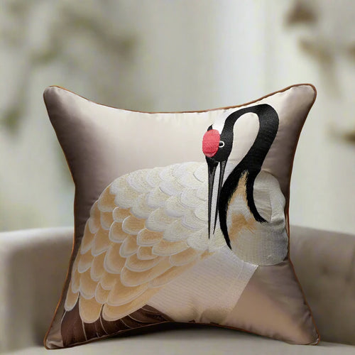 Oriental Crane Embroidery Luxury Satin Throw Pillow Covers - The Finishing Touch Decor, LLC