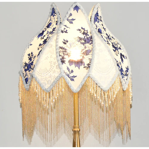 French Blue Floral Silk and Velvet Lampshade with Pearl Tassel - The Finishing Touch Decor, LLC