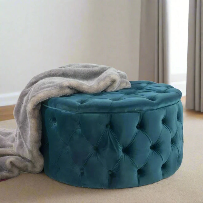 Round Dark Teal Velvet Ottoman Stool - The Finishing Touch Decor, LLC