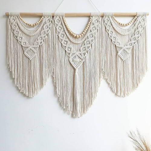 Draped Macrame Handwoven Bohemian Cotton Tapestry - Includes Stick - The Finishing Touch Decor, LLC