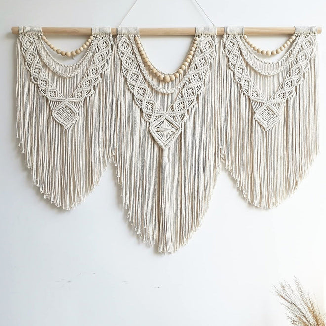 Macrame Handwoven Bohemian Cotton Rope Boho Tapestry Wall Art - Includes Stick
