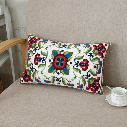 Home Decor Embroidered Cushion Cover Ethnic Floral Canvas Cotton Rectangle Embroidery Pillow Cover Lumbar Pillow Case 30x50cm