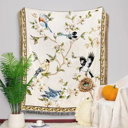 Chinoiserie Flower & Bird Vintage Style Tapestry Throw Blanket - The Finishing Touch Decor, LLC