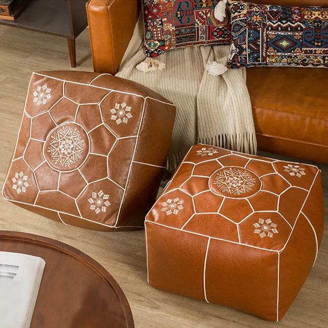 Moroccan Faux Leather Pouf Bohemian Ottoman Cover - The Finishing Touch Decor, LLC