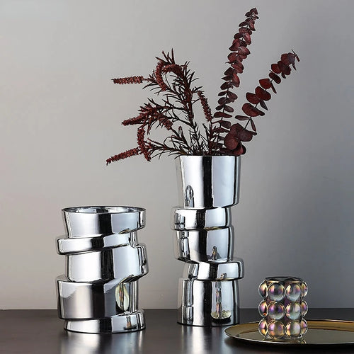 Displaced Stacked Round Silver Glass Geometric Vase - The Finishing Touch Decor, LLC