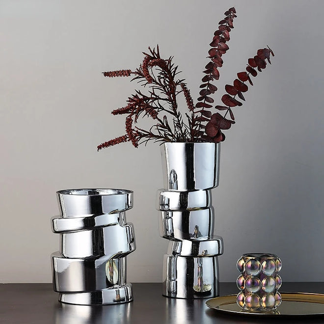 Displaced Stacked Round Silver Glass Geometric Vase - The Finishing Touch Decor, LLC