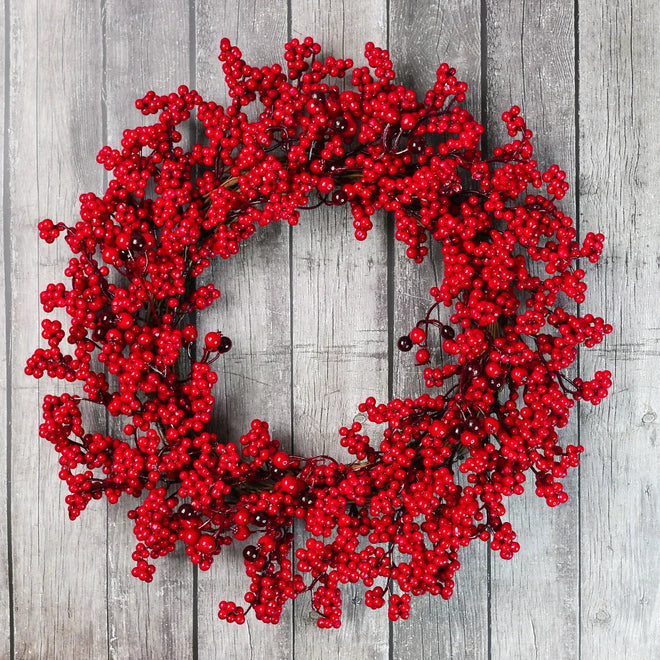 Yannew Christmas Red Berry Wreath for Front Door Outside Xmas Handmade Artificial Holly Berries Wreath Winter Home Wall Decor