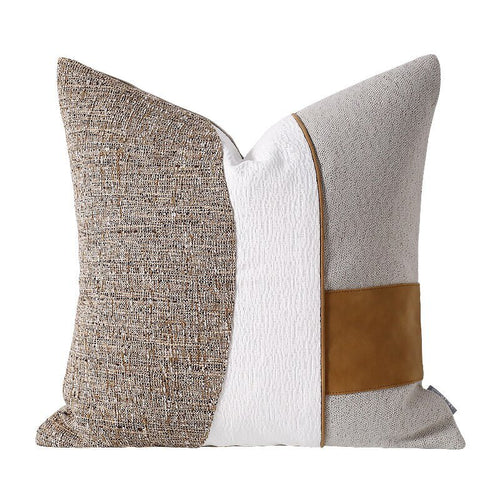 Brown & White Canvas Scandi Tan Leather Striped Throw Pillow Covers - The Finishing Touch Decor, LLC