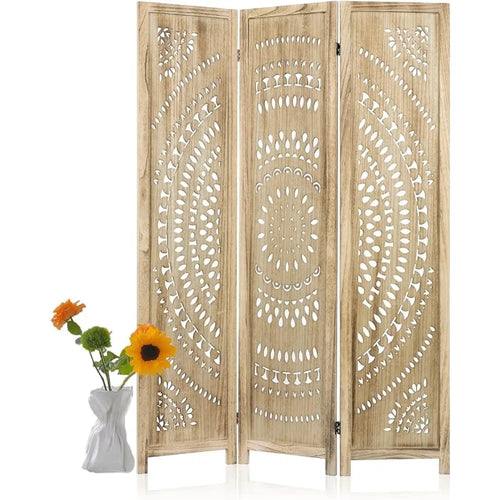 Tall Boho Natural Wood Mandela Screen 3 Panel Room Divider - The Finishing Touch Decor, LLC