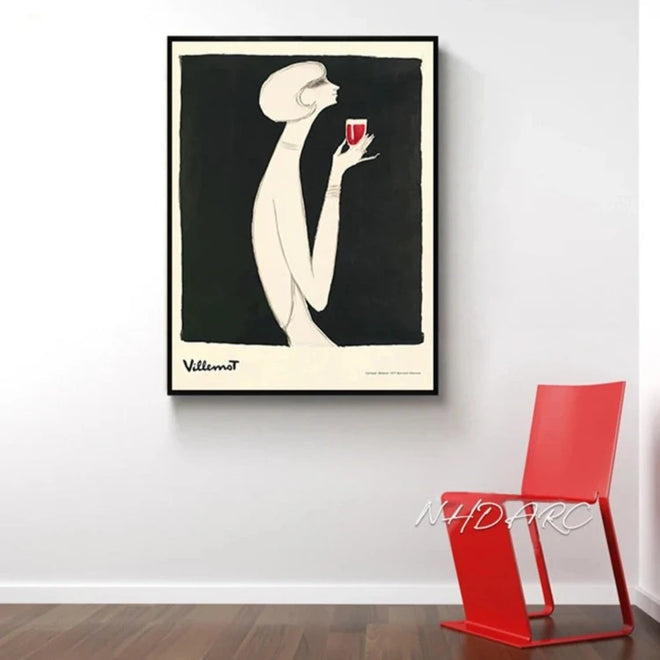Modern Fashion Style Canvas Print Black White Women Red Wine Porch Ornament Nordic Retro Wall Picture Art Living Room Home Decor