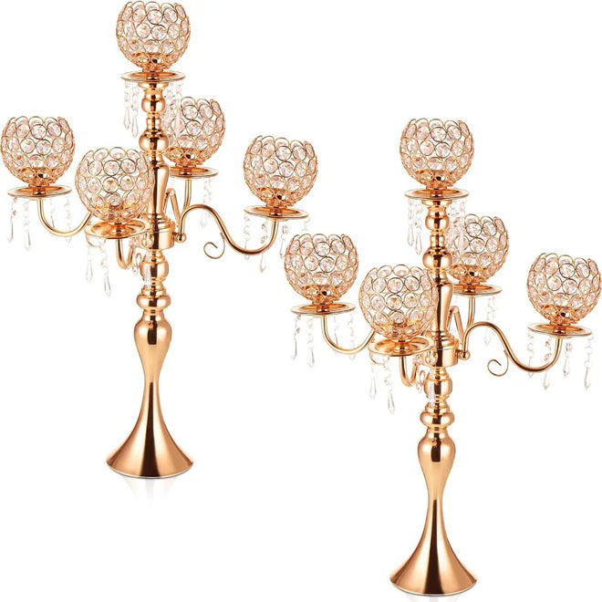 Set of 2 Gold Candle Holder Center Ornament with Crystal Pendant 26 Inch High Crystal Candle Holder, Wedding Center Ornament