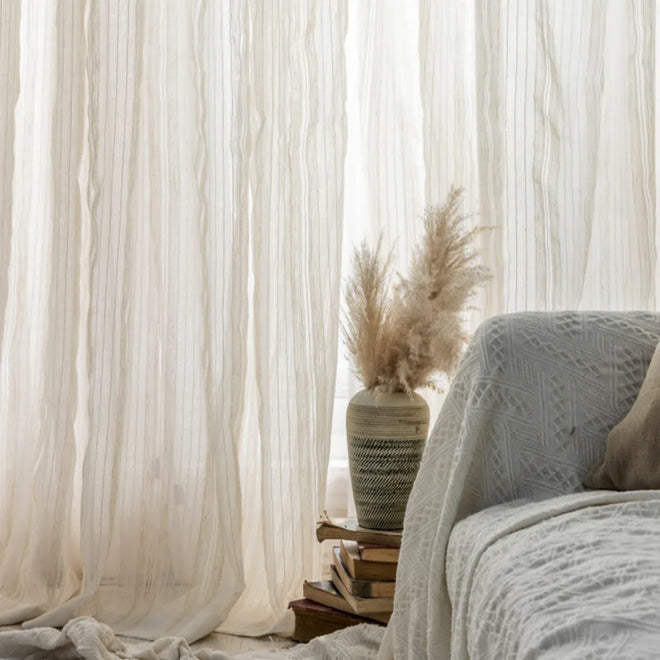 Flowing Sheer White Cotton Linen Striped Curtains - The Finishing Touch Decor, LLC