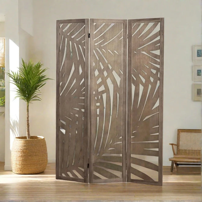 Tropical Palm Leaf Cutout 3 Pannel Wood Room Divider - The Finishing Touch Decor, LLC