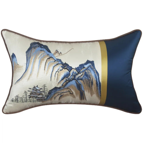 GUVINCI Chinoiserie Lumbar Pillow Cover Chinese Ancient Art Painting Landscape Mountains Embroidered Cushion Case For Couch Sofa