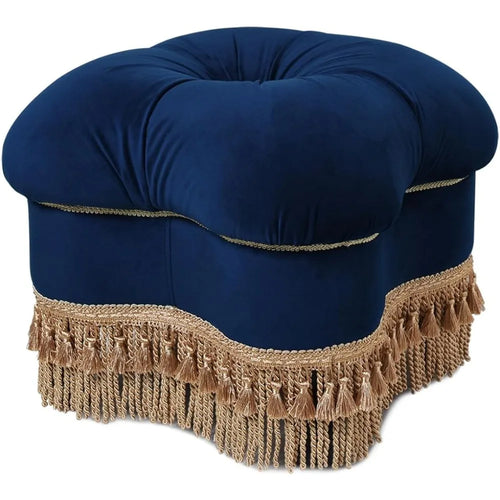 Navy French Upholstered Ottoman with Golden Fringe - The Finishing Touch Decor, LLC