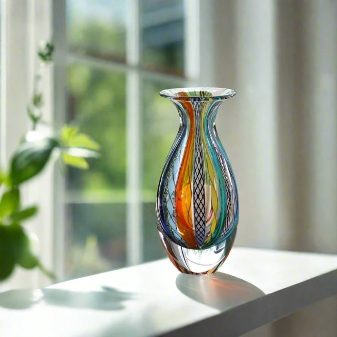 Small Glass Vase Hippie Colored Canes Hand Blown Murano-Style Art Glass,Vases