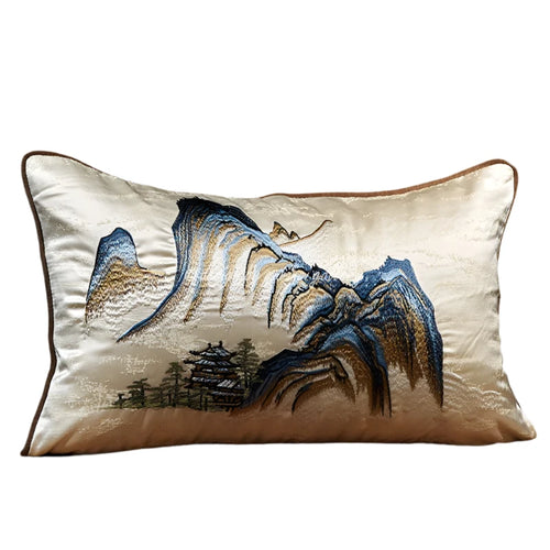 GUVINCI Chinoiserie Lumbar Pillow Cover Chinese Ancient Art Painting Landscape Mountains Embroidered Cushion Case For Couch Sofa