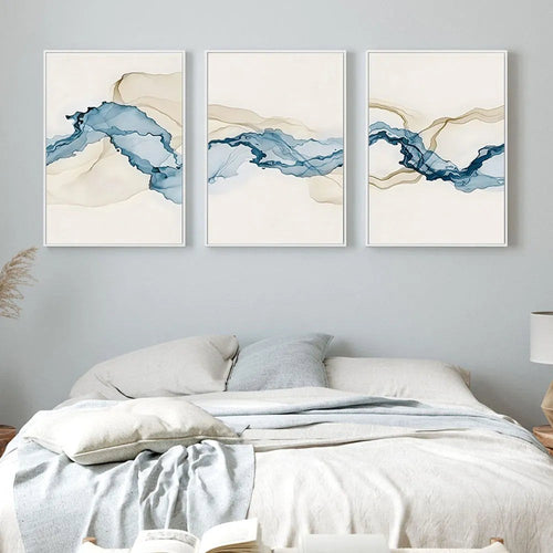 Sandy Beige & Blue Modern Cotton Canvas Painting Prints - The Finishing Touch Decor, LLC