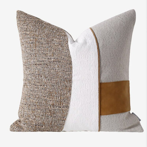 Brown & White Canvas Scandi Tan Leather Striped Throw Pillow Covers - The Finishing Touch Decor, LLC