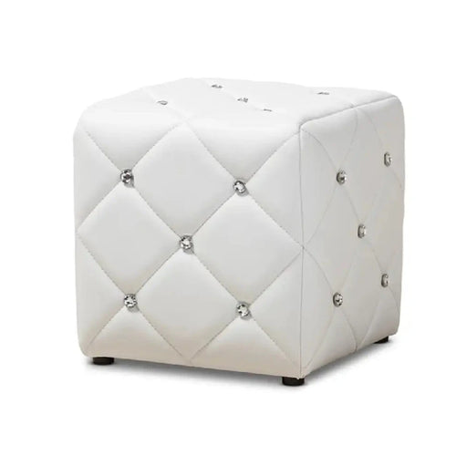 Crystal Button Tufted White Faux Leather Small Ottoman - The Finishing Touch Decor, LLC