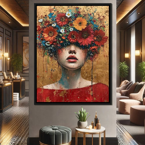 Colorful Gold Foil Fashion Mystical Floral Woman Canvas Painting Modern Wall Art Character Posters Prints Living Room Home Decor