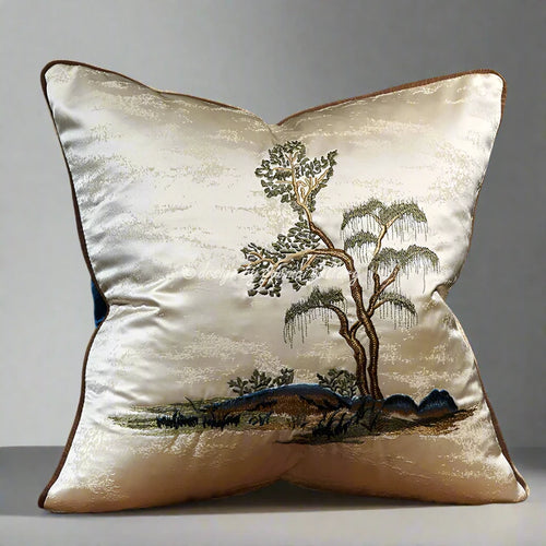 GUVINCI Chinoiserie Lumbar Pillow Cover Chinese Ancient Art Painting Landscape Mountains Embroidered Cushion Case For Couch Sofa