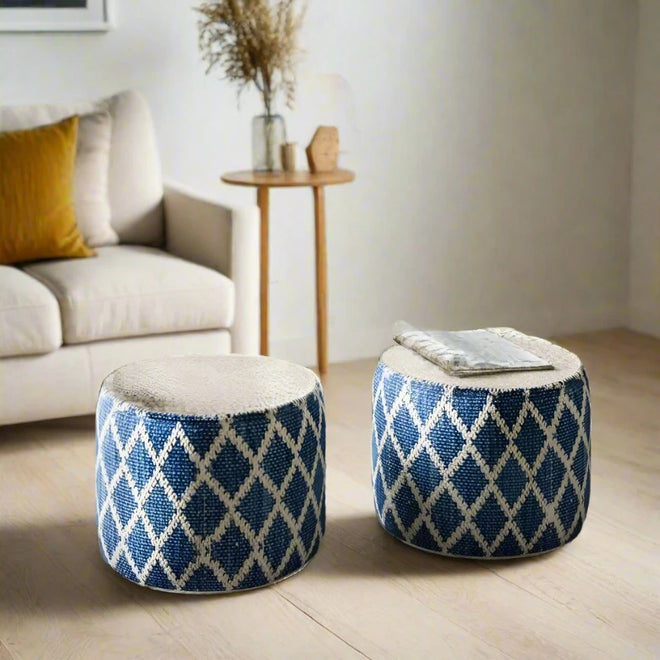 Hallway Ottoman Stool for Living Room Free Shipping Bedroom Natural Woven Jute and Cotton Upholstered in Classic Blue Furniture - The Finishing Touch Decor, LLC