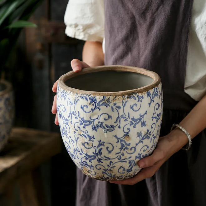 Chinese Antique Blue & White Pastoral Design Pottery Planter - The Finishing Touch Decor, LLC