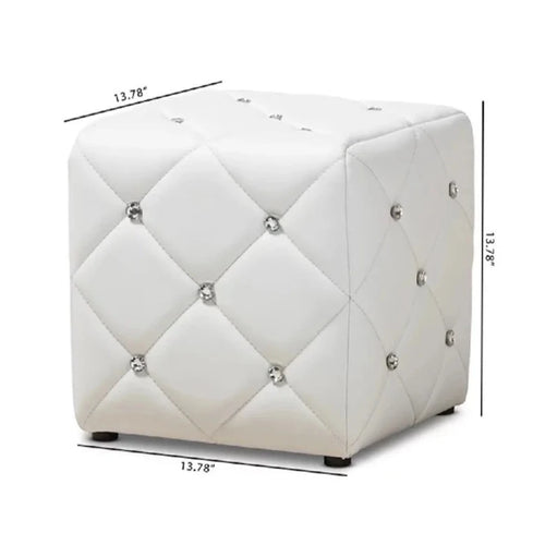 Crystal Button Tufted White Faux Leather Small Ottoman - The Finishing Touch Decor, LLC