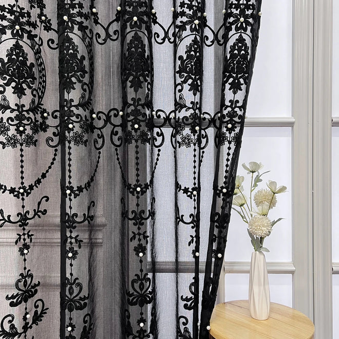 Lace Pearl French Embroidery Black Sheer Window Curtains - The Finishing Touch Decor, LLC