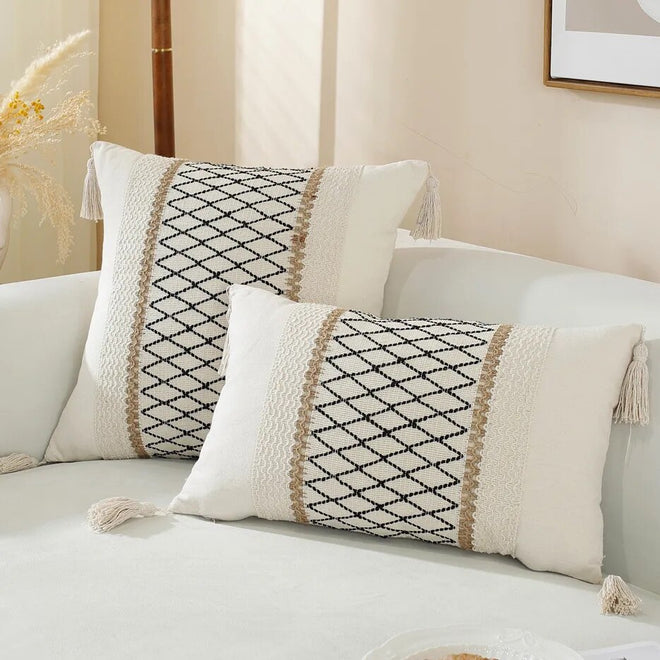 Diamond Stripe Beige Linen Farmhouse Throw Pillow Cover - The Finishing Touch Decor, LLC