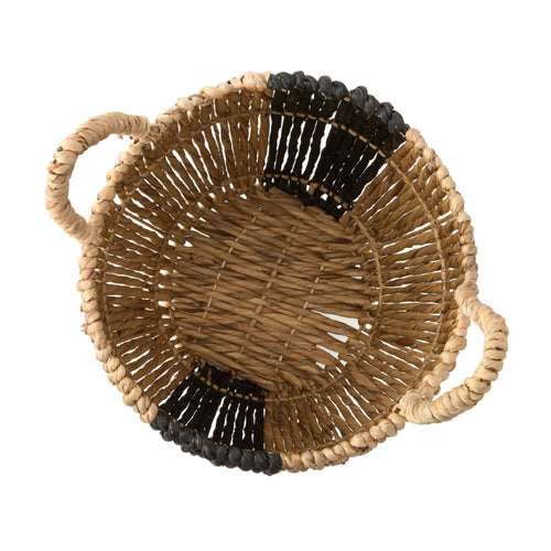 Handmade Woven Natural and Black Water Hyacinth Straw Baskets, Set of 2 Storage Laundry Basket - The Finishing Touch Decor, LLC