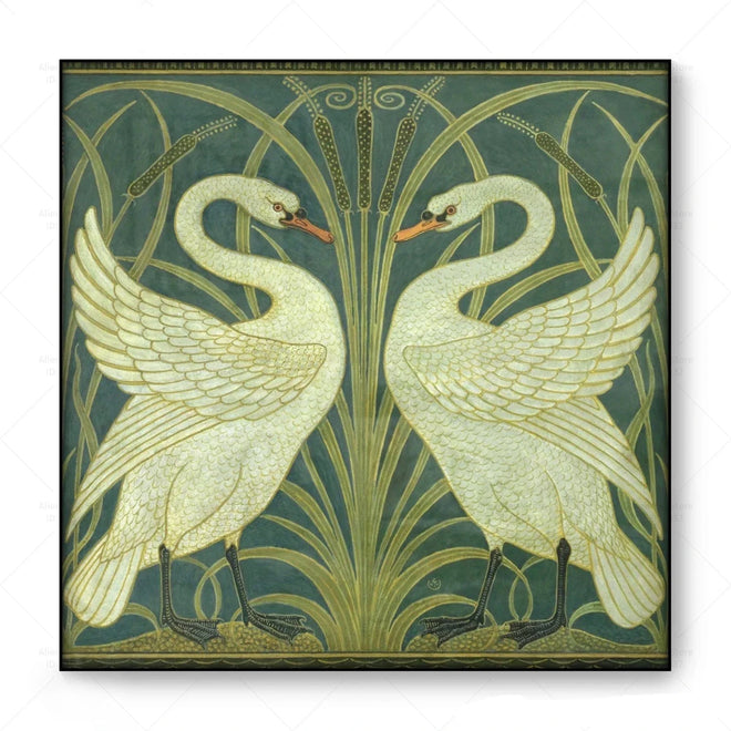 Vintage Poster Swans Canvas Print Wall Art Walter Crane Vintage Bird Swan Painting Antique Bird Cattails Art Nouveau Picture