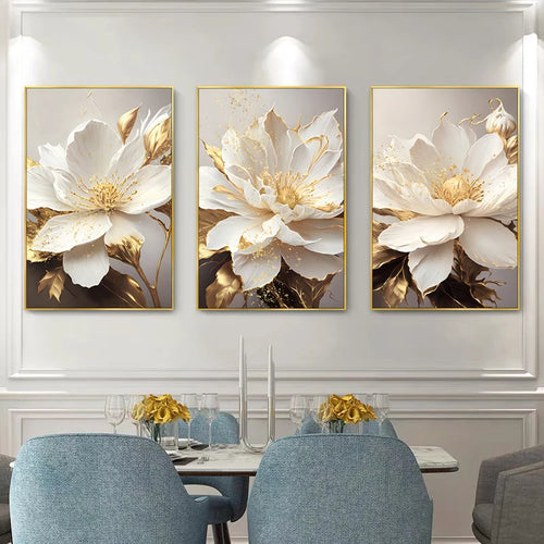 Lifelike Gold Leaf White Blooming Flowers Canvas Art - The Finishing Touch Decor, LLC