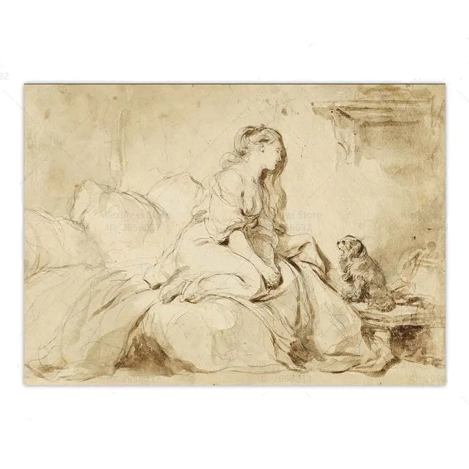 French Vintage "Woman with Faithful Dog" Canvas Print Wall Art - The Finishing Touch Decor, LLC