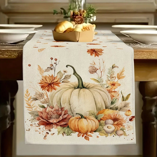 Autumn Thanksgiving Pumpkin and Fall Leaves Design Table Runner Home Decoration for Indoor & Outdoor Festivities Table Flag