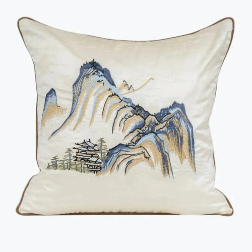 GUVINCI Chinoiserie Lumbar Pillow Cover Chinese Ancient Art Painting Landscape Mountains Embroidered Cushion Case For Couch Sofa