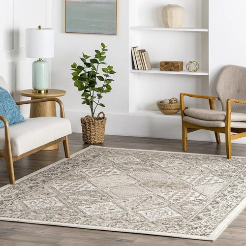 Beige Large Traditional Moroccan Tiled Print 9x12 Area Rug - The Finishing Touch Decor, LLC