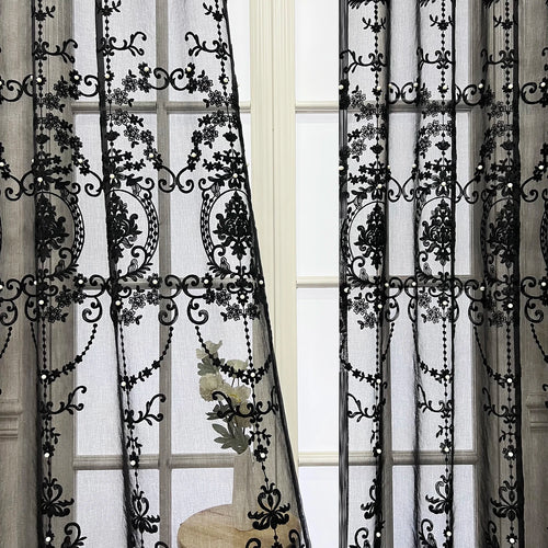 Lace Pearl French Embroidery Black Sheer Window Curtains - The Finishing Touch Decor, LLC