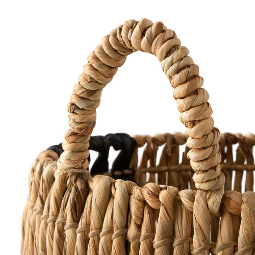 Handmade Woven Natural and Black Water Hyacinth Straw Baskets, Set of 2 Storage Laundry Basket - The Finishing Touch Decor, LLC