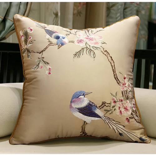 Cherry Blossom & Bird Embroidered Satin Throw Pillow Cushion Covers - The Finishing Touch Decor, LLC